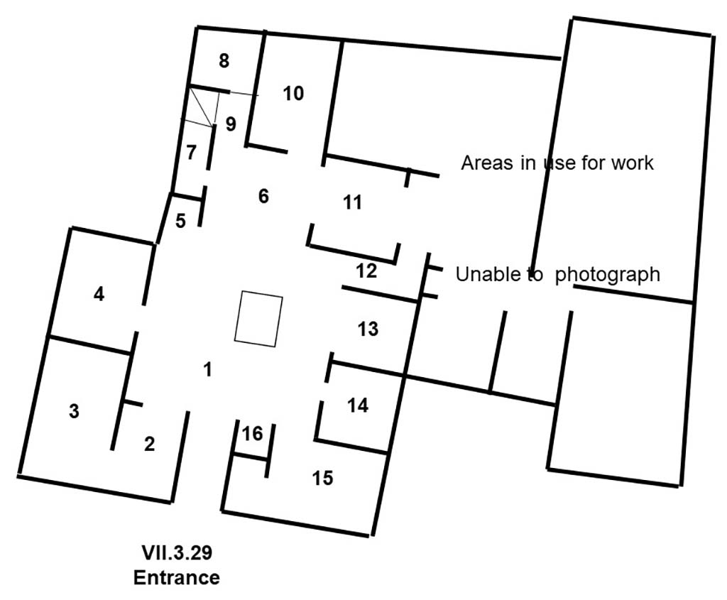 VII.3.29 plan VII.3.29 Pompeii. Domus M. Spuri Mesoris or House of M. Spurius Mesor
Room Plan